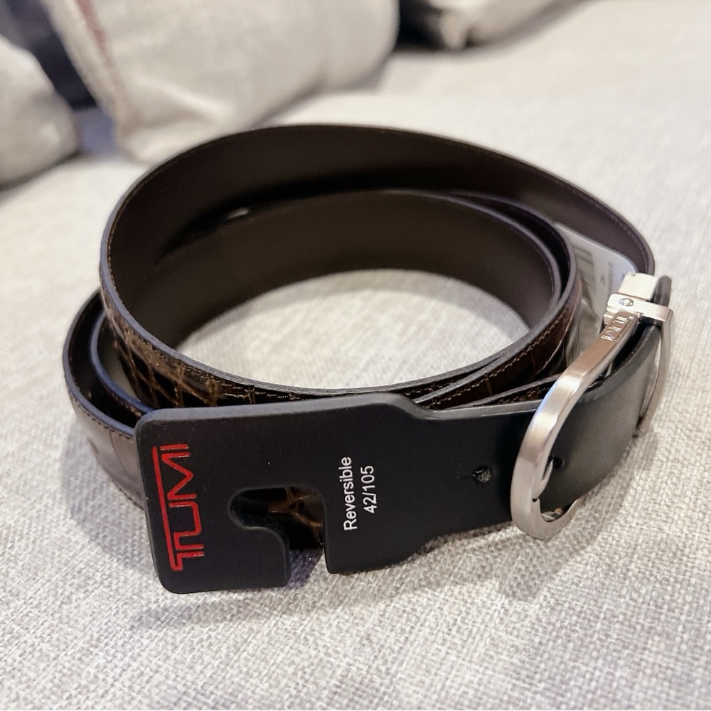 TUMI Brown Croco / Black Calfskin Leather Reversible Belt